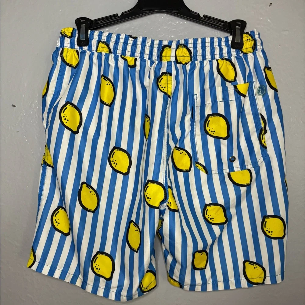Men's Mr.‎ Swim blue white stripe Lemons swim suit. SZ L. Lined drawstring beach